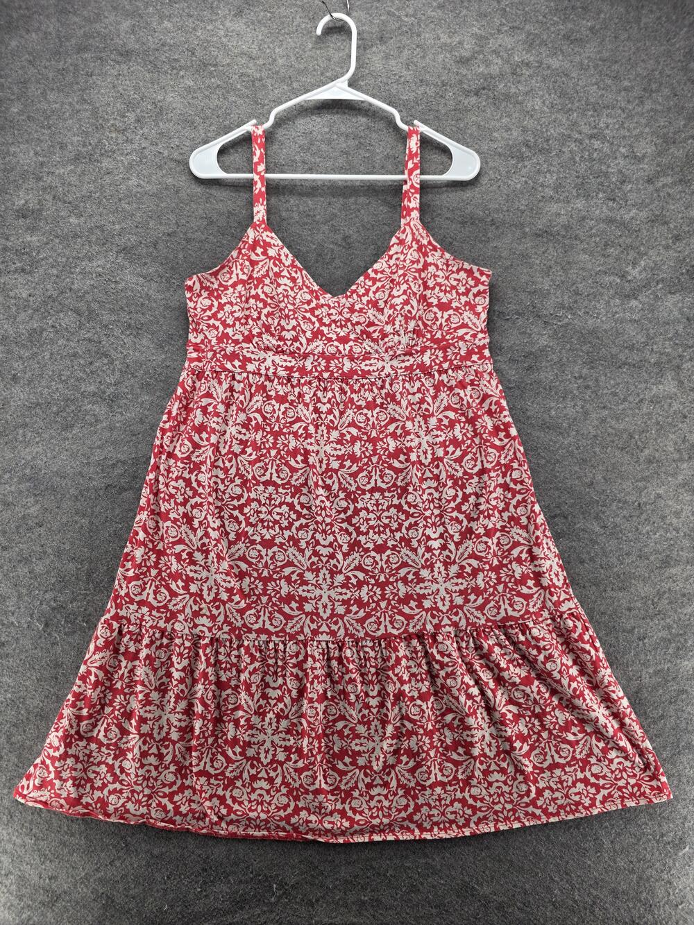 LOFT Dress Womens L Red Sundress Midi V-Neck Smocked Ruffle Cotton Spandex